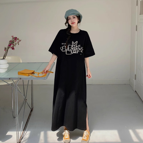 大码纯棉宽松卡通夏连衣裙T恤裙