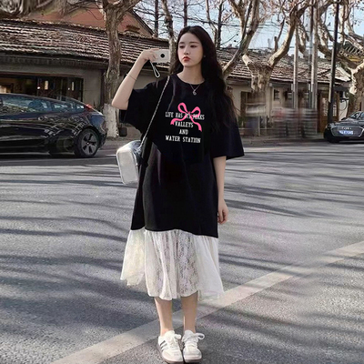 夏装2026新款大码女装胖妹妹宽松t恤长裙梨型身材长款短袖连衣裙