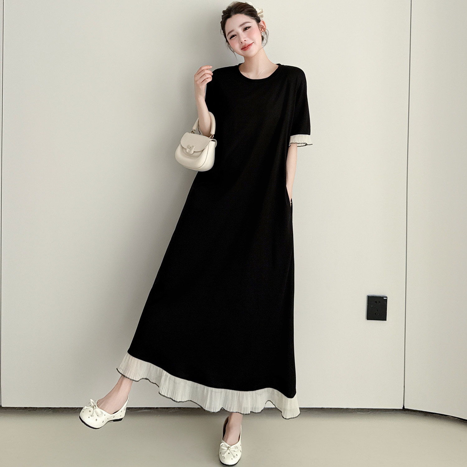 大码女装胖mm法式设计感拼接遮肚连衣裙2026夏季显瘦百搭长裙子