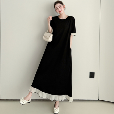 大码女装胖mm法式设计感拼接遮肚连衣裙2026夏季显瘦百搭长裙子