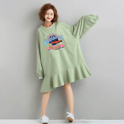 冬季加绒加厚t恤裙减龄大码女装2025新款卫衣全棉连衣裙潮牌200斤