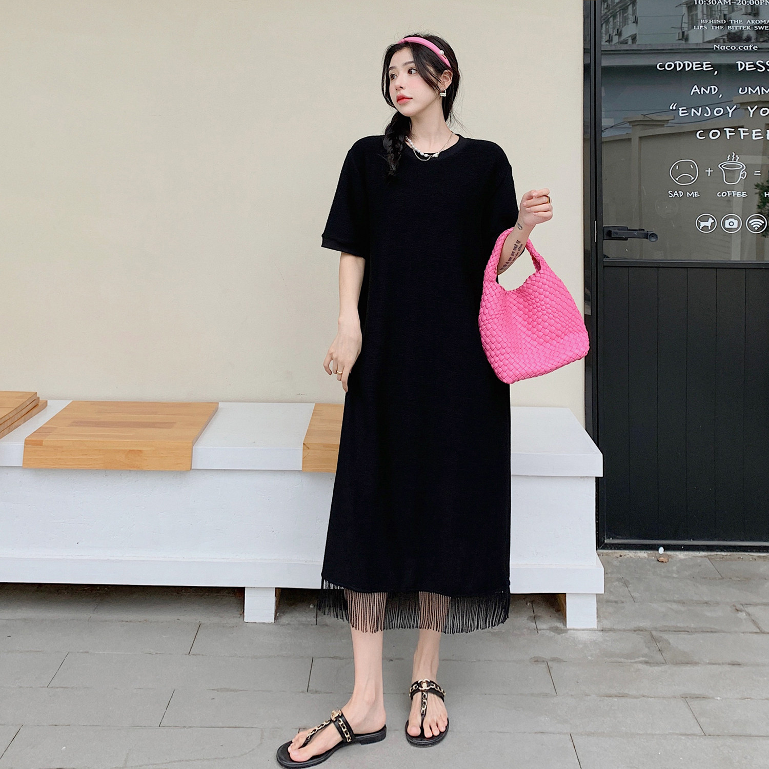 纯棉宽松显瘦大码女装胖mm夏季流苏加长款t恤裙子200斤短袖连衣裙