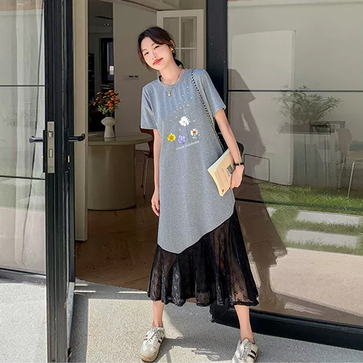 欧货大版宽松t恤裙2026新款手工钉珠重工胖mm大码女装洋气连衣裙t