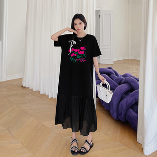 大码仙气连衣裙胖mm巨显瘦遮肚子雪纺拼接长裙纯棉夏装短袖t恤裙