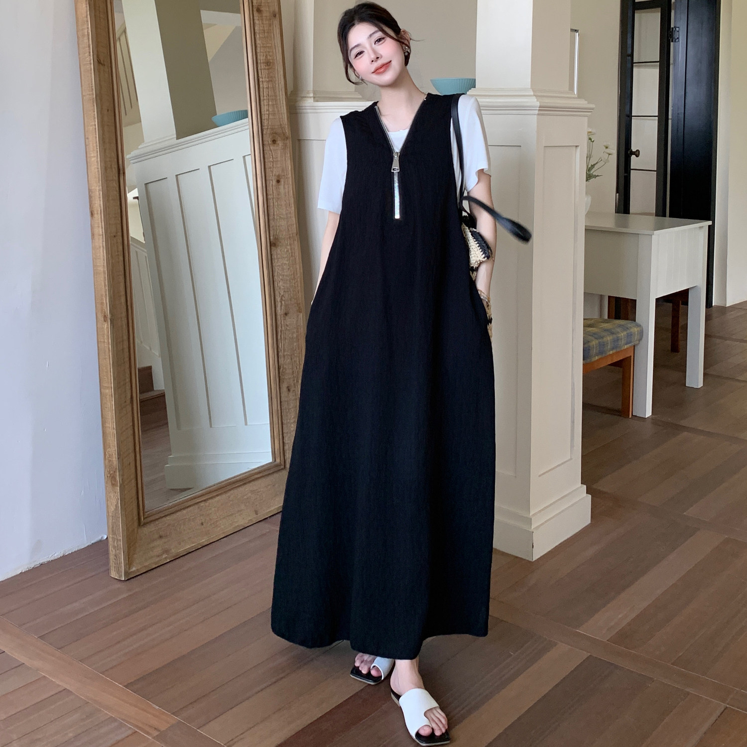 实拍 2026夏新款法式气质拉链短袖T恤黑色连衣裙长裙子两件套