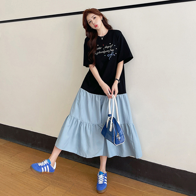 大码胖mm巨显瘦假两件套装连衣裙遮肚子宽松大摆a字蛋糕裙2025夏