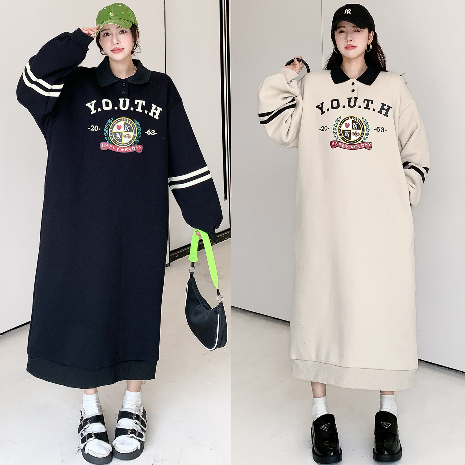 实拍 秋冬新款 加绒加厚BB绒翻领复古大码POLO领卫衣连衣裙女