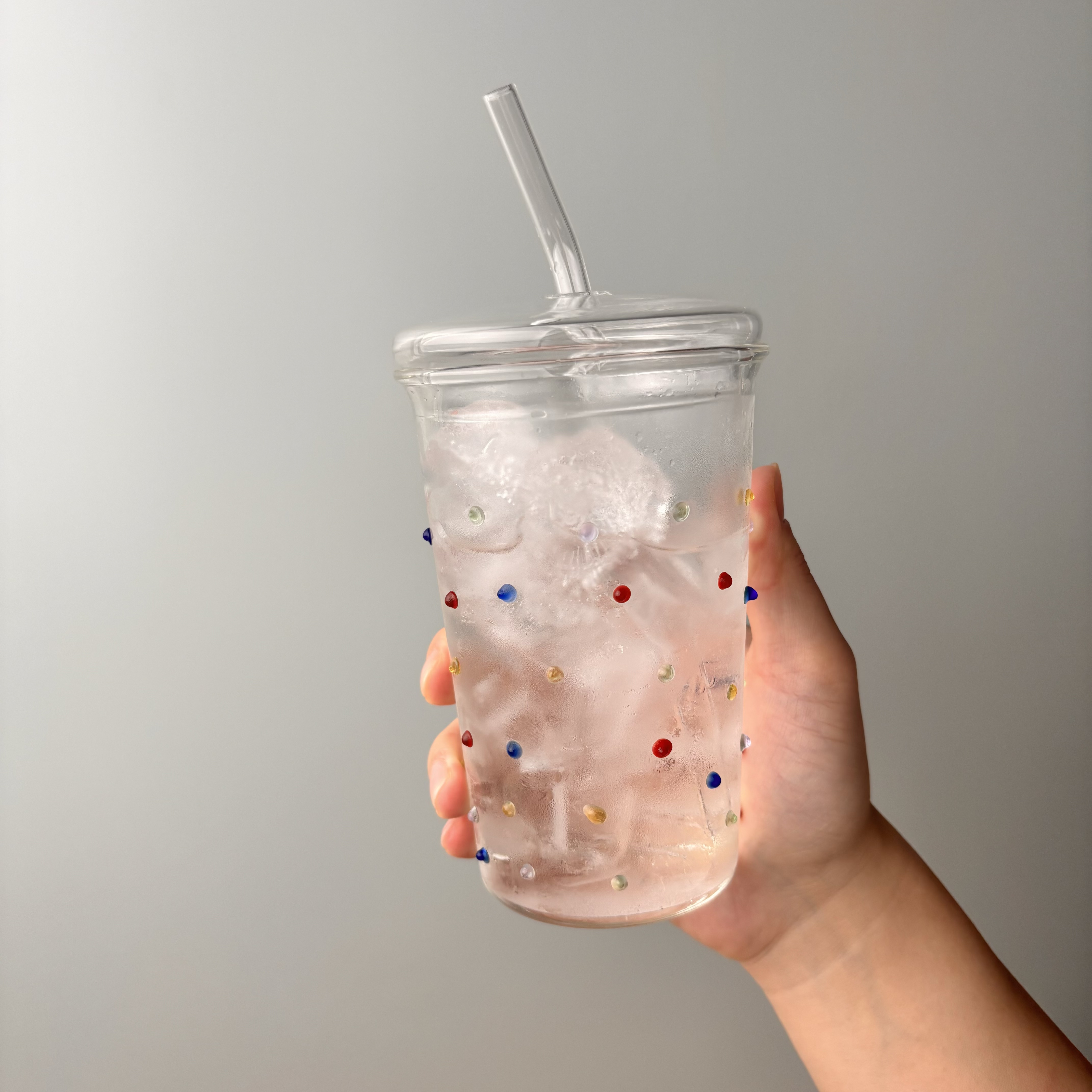 ins风彩色波点玻璃杯带盖吸管杯大容量家用透明水杯咖啡杯高颜值
