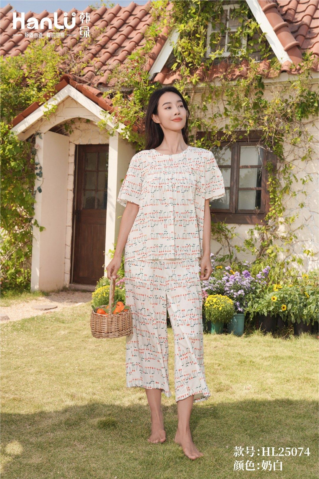 韩绿HL25074睡衣纯棉短袖八分裤家居服套装宽松休闲可外穿