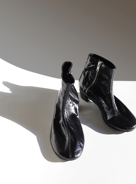 HOME WORK原创设计师手工圆头超软牛皮女拉链短靴低粗跟袜靴黑色