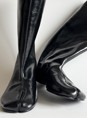 HOME WORK原创设计师全牛皮手工分趾忍者松弛中高筒靴骑士靴黑色