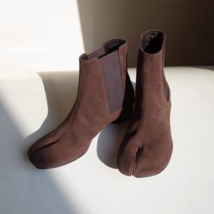 HOME WORK原创设计师手工分趾忍者切尔西翻毛牛皮短靴袜靴乌木棕