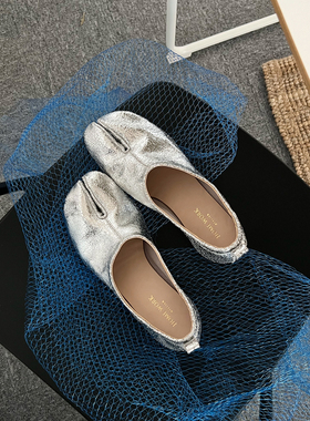 HOME WORK原创设计师手工分趾忍者tabi牛皮低跟套脚女单鞋银裂纹