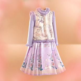 花朵织锦马甲玉兔马面裙汉服三件套国风 中式 小虎帕蒂女童冬季 新款