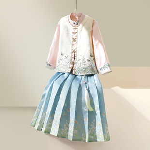 小虎帕蒂女童明制汉服春秋新款兰花刺绣马甲马面裙套装古风三件套