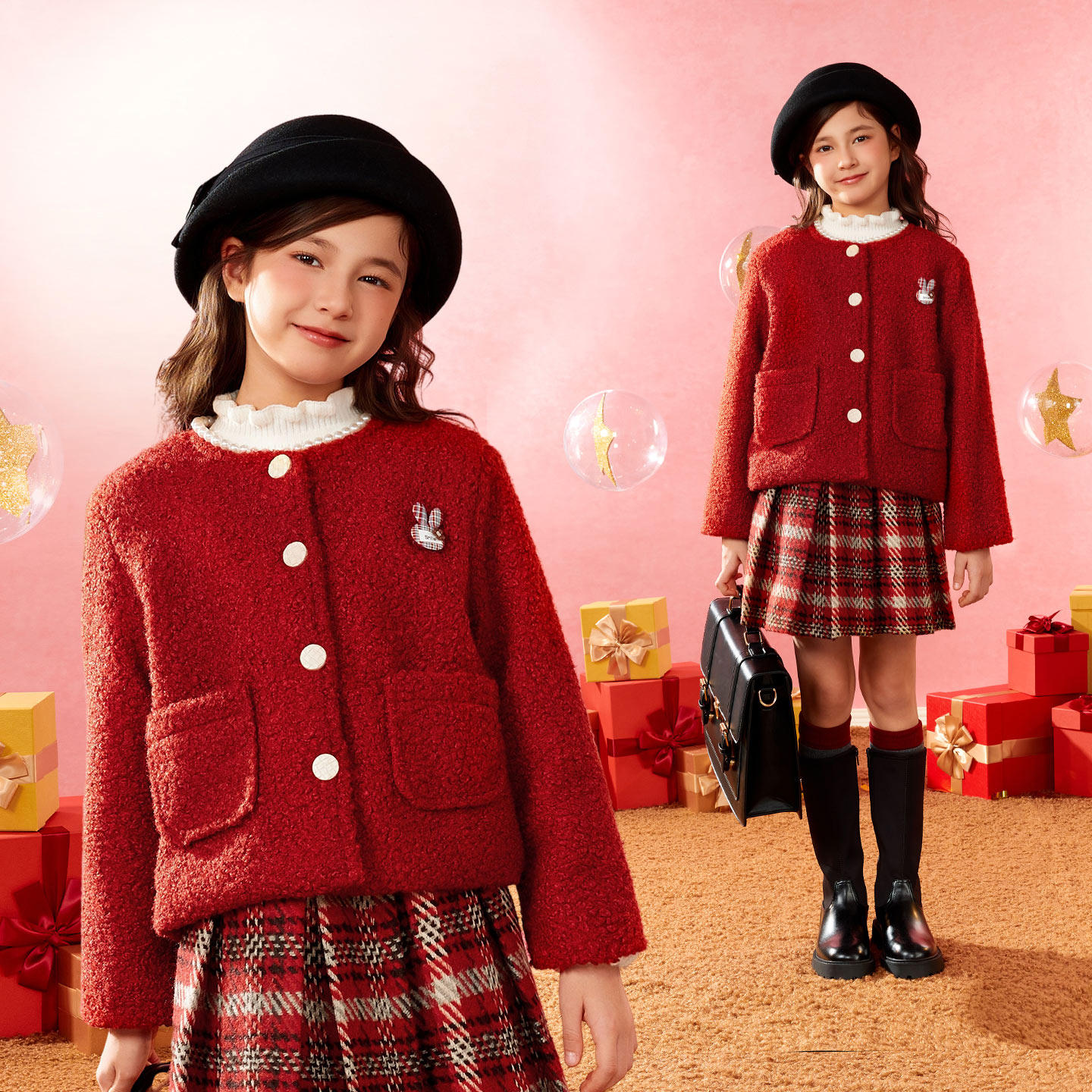 小虎帕蒂女童冬季新款小香风毛绒外套格纹短裙三件套新年节日套装