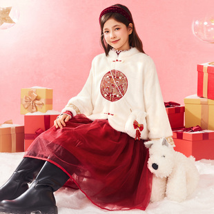 红色拜年服精致保暖 国风套装 小虎帕蒂冬季 女童祥龙刺绣连衣裙套装