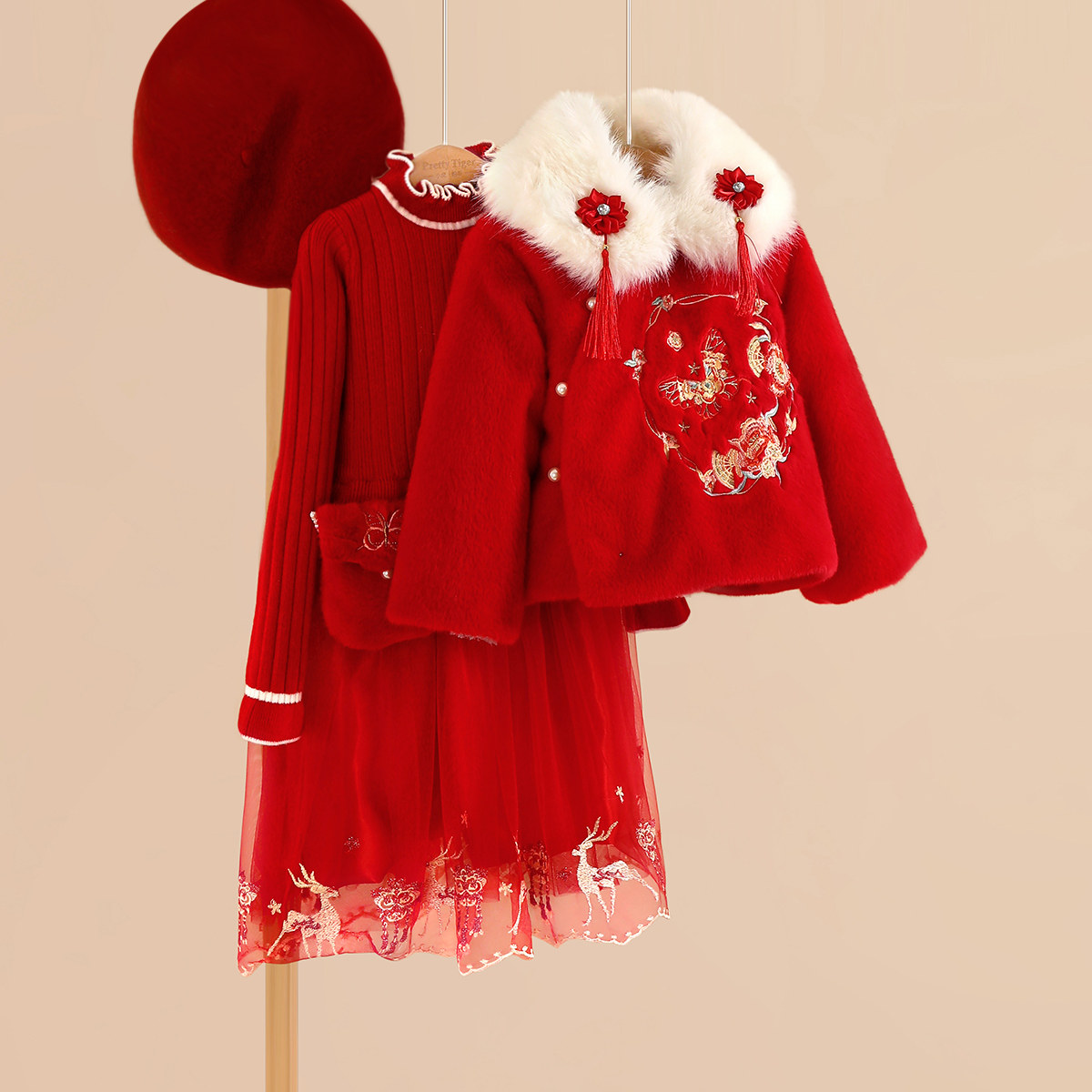 小虎帕蒂女童冬季汉服新款儿童红色拜年服宝宝周岁汉服国风两件套,童装/婴儿装/亲子装,汉服,淘宝优惠券,粉丝福利购,淘宝优惠卷