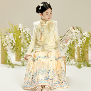 小虎帕蒂秋冬中大女童毛衣背心马面裙三件套国风汉服加毛条套装