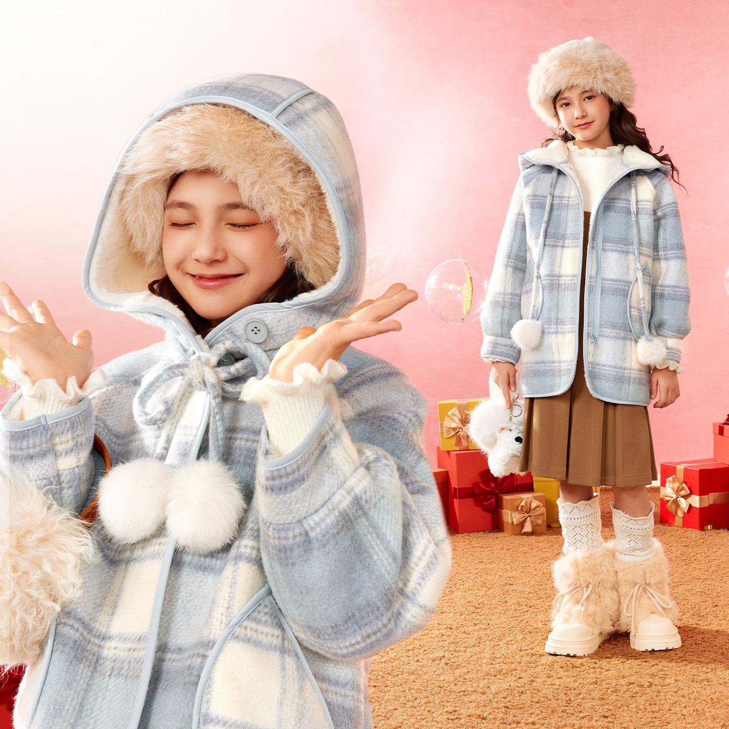 小虎帕蒂女童冬季新款加绒加厚格纹连帽呢大衣中长款洋气保暖外套