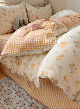 2025新款可爱卡通橙色床上四件套纯棉全棉三件套嵌绳被套床单床笠