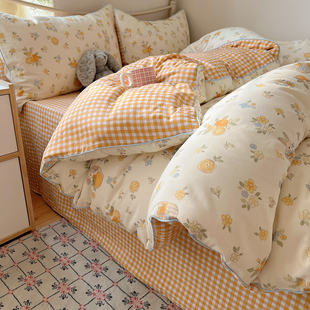 2025新款可爱卡通橙色床上四件套纯棉全棉三件套嵌绳被套床单床笠