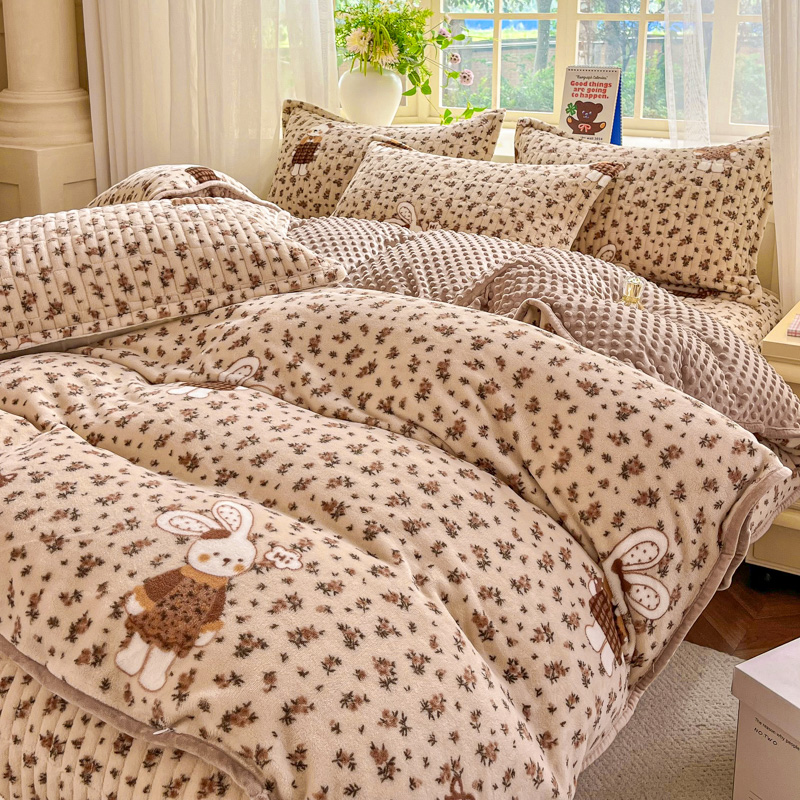 冬季小清新可爱牛奶绒床盖四件套豆豆绒被套加厚夹棉床单炕盖毯子