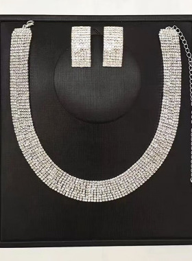 奢华闪亮水钻满钻多层方形耳钉项链新娘首饰套链女气质百搭配饰品