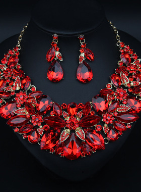 欧美奢华新娘满钻项链耳环套装女