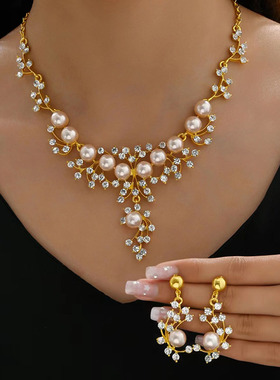 人造仿珍珠水钻水波链女项链套装