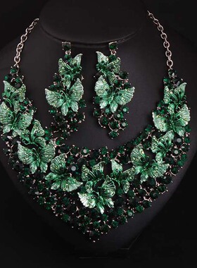 欧美奢华 绿色蝴蝶钻短锁骨夸张项链耳环套装新娘礼服晚宴女配饰