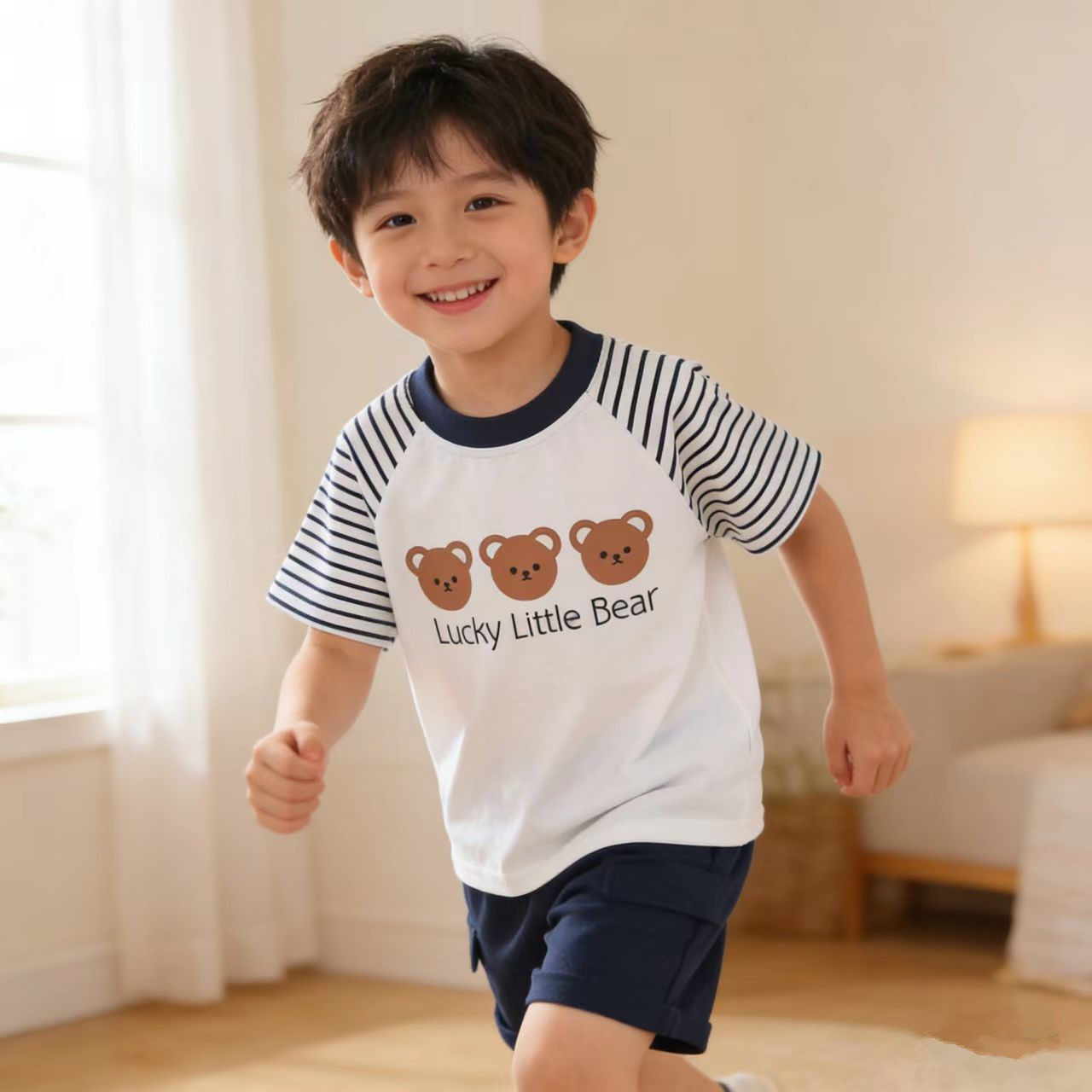 可爱卡通小熊儿童套装夏季男童纯棉短袖短裤两件套透气条纹休闲,童装/婴儿装/亲子装,套装,淘宝优惠券,粉丝福利购,淘宝优惠卷