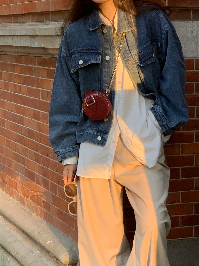 Real Price vintage denim jacket loose long sleeve Denim Blue + white versatile Shirt Top