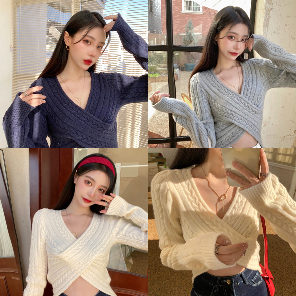 Real price design cross V-neck short sweater twist texture core spun yarn knitting top