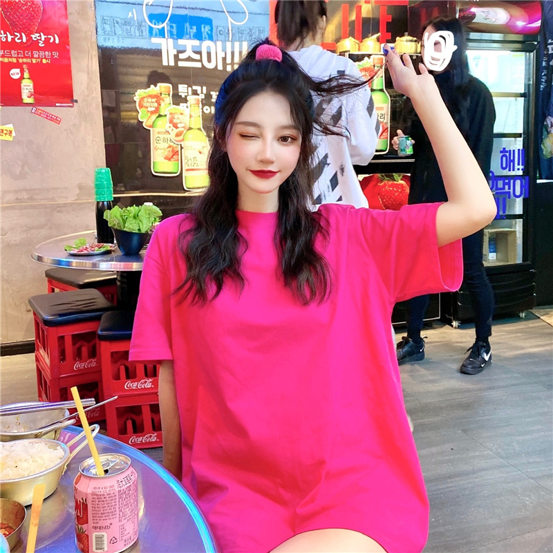 Real price solid color T-shirt, loose half sleeve, thin and versatile, medium and long multi color care machine short sleeve top