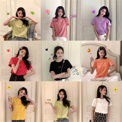 Real price new short sleeve candy top women's print versatile solid letter Crew Shirt