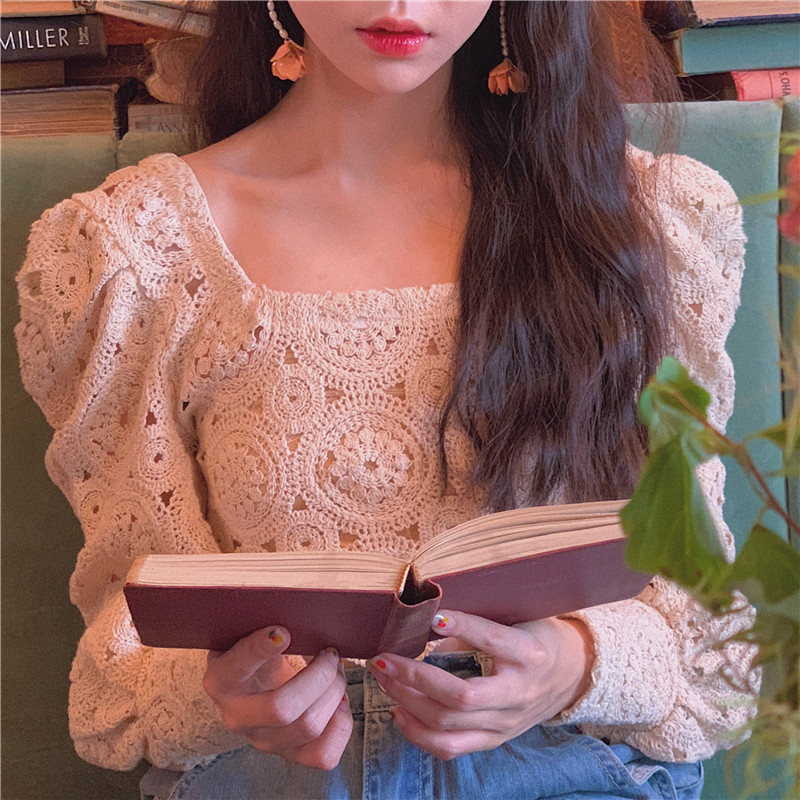 Real price new women's wear versatile square collar hollow temperament loose sleeve hollow grain texture top