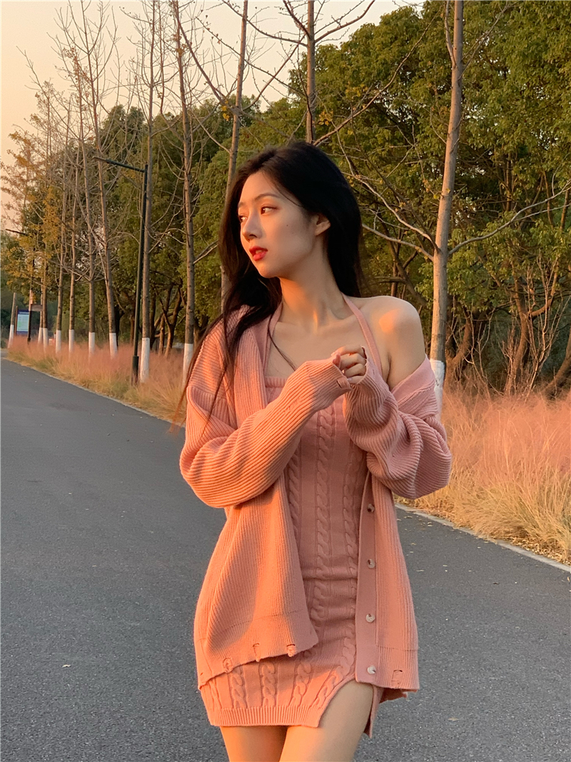 Real price sexy close fitting woolen sweater bra dress + loose hole sweater cardigan coat two piece set