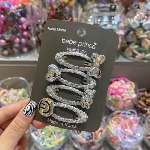 银色金属感小熊蝴蝶结发夹