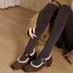 2025新款秋冬真皮棕色羊反绒内增高玛丽珍方头百搭毛毛一字带单鞋