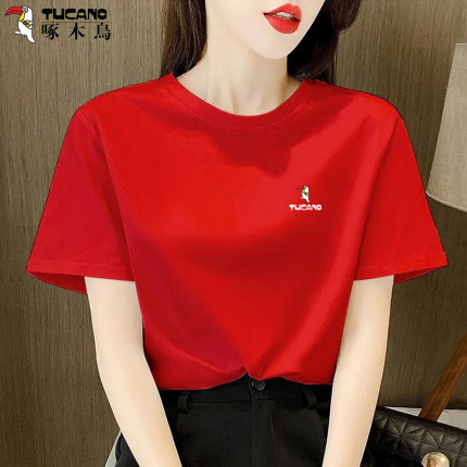 啄木鸟短袖t恤女夏季纯棉宽松2026新款广场舞队服高考中考体恤