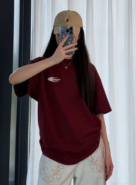 【创意LOGO】澳洲出口原单 夏装新款 宽松圆领极简酒红短袖T恤 女