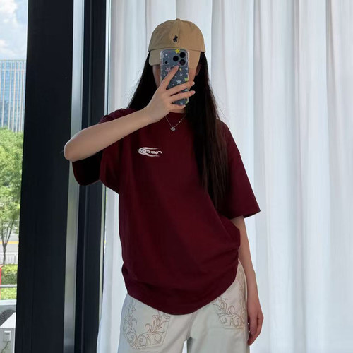 【创意LOGO】澳洲出口原单 夏装新款 宽松圆领极简酒红短袖T恤 女