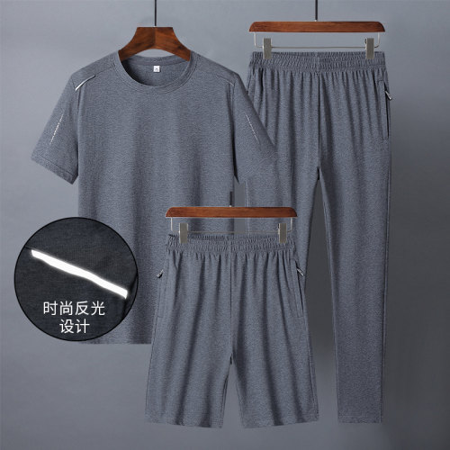 夏季男士大码短袖套装中年胖子休闲跑步运动服爸爸纯棉两/三件套