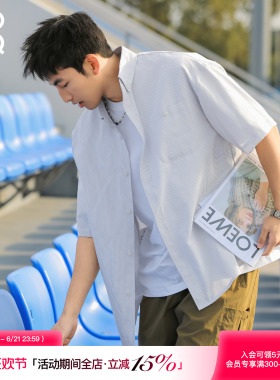 吕小虎ACTUP 牛津纺蓝色条纹短袖衬衫男生2026夏季半袖衬衣外套潮