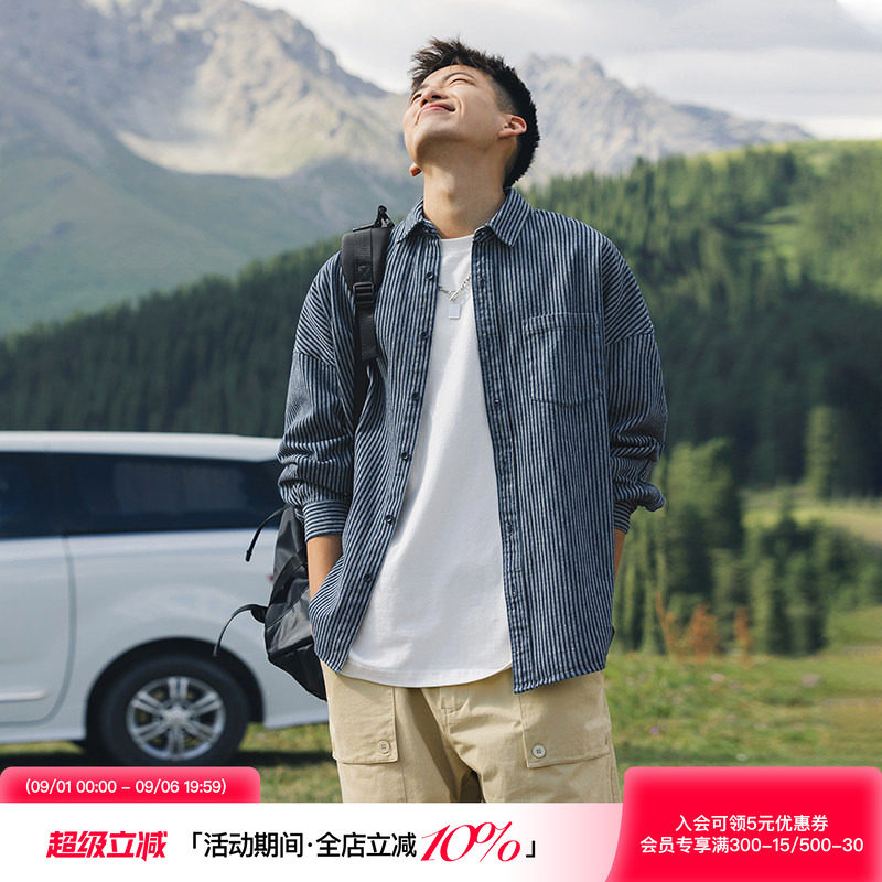 美式潮牌条纹牛仔长袖衬衫外套图片