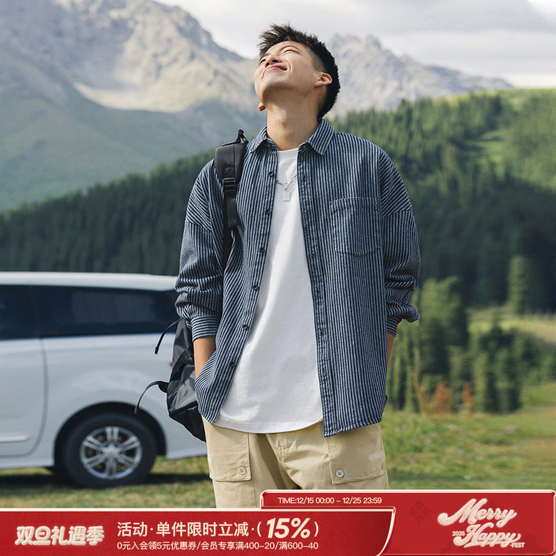 吕小虎美式潮牌条纹牛仔长袖衬衫男秋季休闲衬衣青年蓝色外套上衣