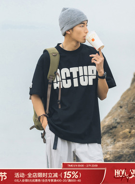 吕小虎字母发泡印花t恤男士夏季潮牌高街宽松纯棉男生短袖体恤衫