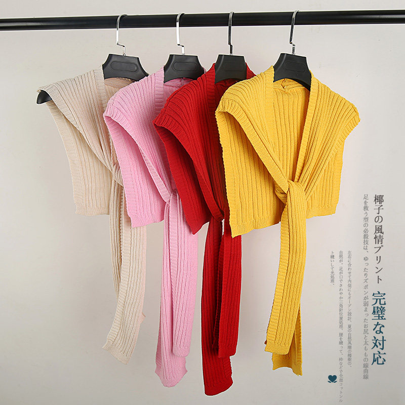 春夏羊毛线外搭小披肩针织打结薄款羊绒围巾女护颈围脖搭护肩百搭