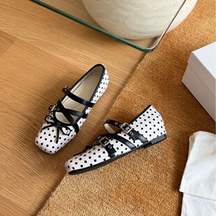 宝小姐法式方头内增高玛丽珍芭蕾舞鞋女春款一字带复古波点